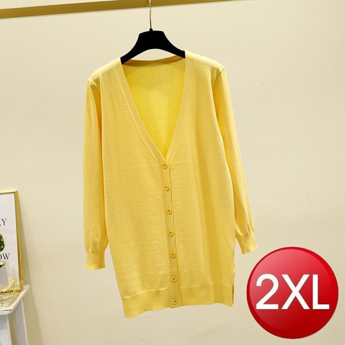 素色V領長版針織外套(黃色2XL)